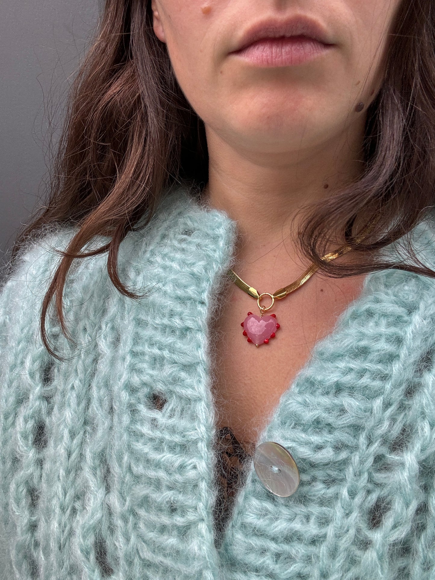 SANDRA ALEXANDRA MILAGROS HEART SNAKE CHAIN NECKLACE PINK & RED