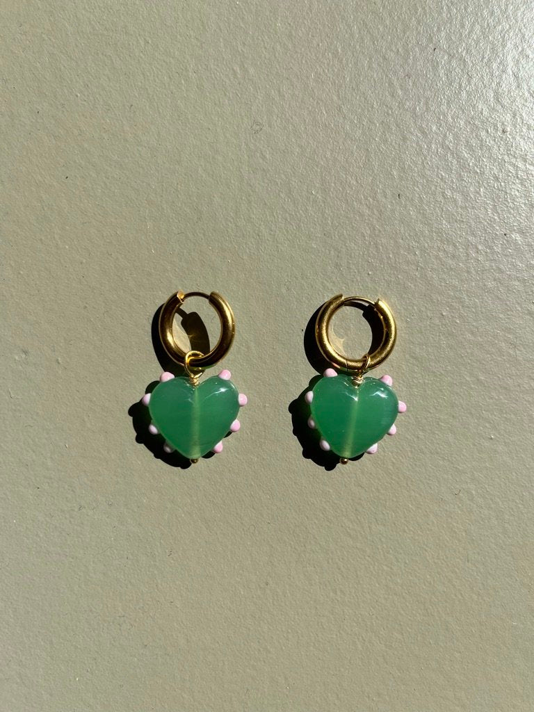 SANDRA ALEXANDRA MILAGROS HEART EARRINGS JADE GREEN AND PINK