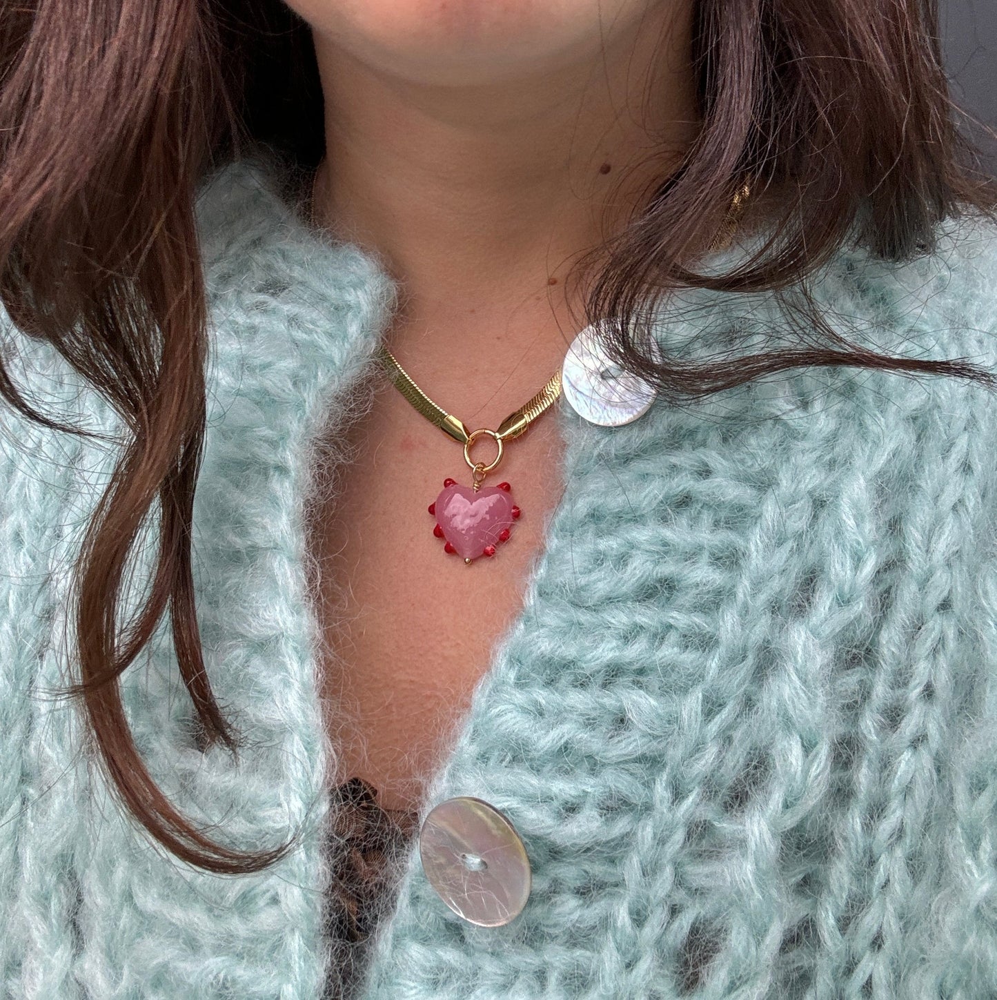 SANDRA ALEXANDRA MILAGROS HEART SNAKE CHAIN NECKLACE PINK & RED