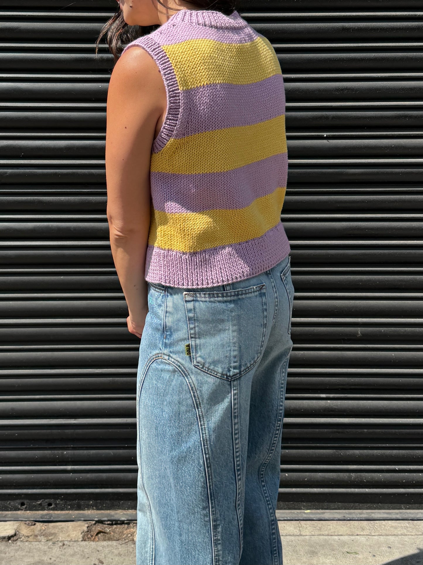 HAF STUDIO STRIPE KNIT VEST PURPLE AND YELLOW