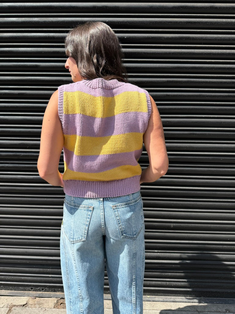 HAF STUDIO STRIPE KNIT VEST PURPLE AND YELLOW