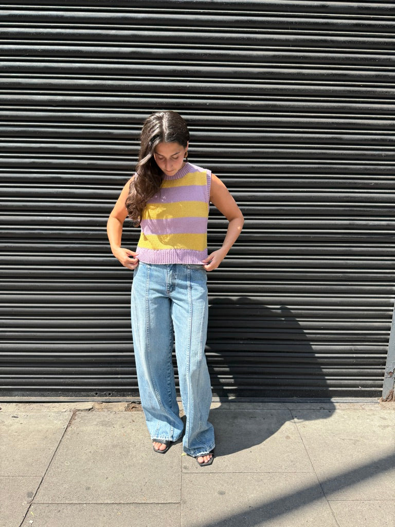 HAF STUDIO STRIPE KNIT VEST PURPLE AND YELLOW