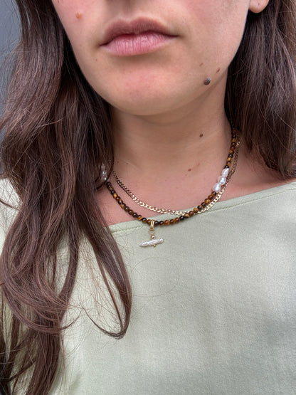 SANDRA ALEXANDRA PEARL T BAR AND TIGER EYE STONE NECKLACE