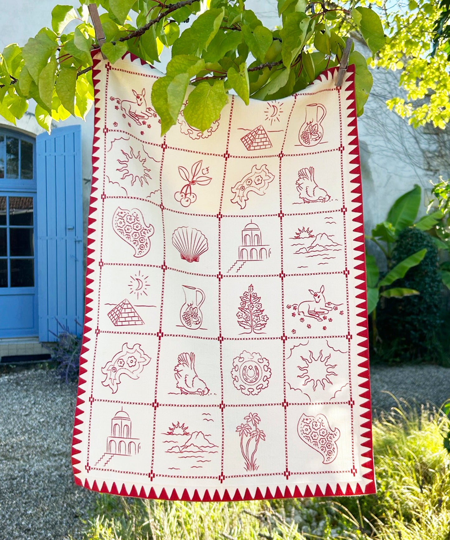 CHERRY FLIPS REDWORK TEA TOWEL RED