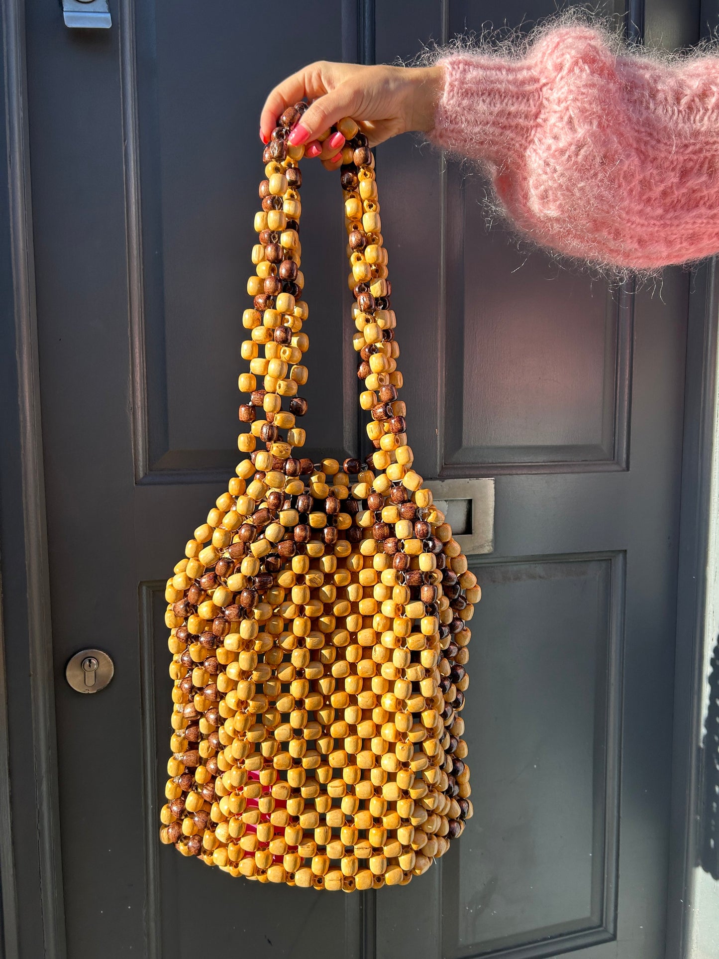 CASE WOODEN BEAD TOTE BAG LIGHT BROWN