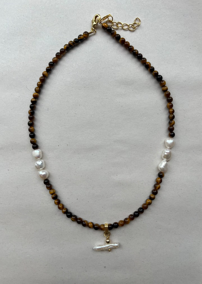 SANDRA ALEXANDRA PEARL T BAR AND TIGER EYE STONE NECKLACE