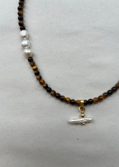 SANDRA ALEXANDRA PEARL T BAR AND TIGER EYE STONE NECKLACE