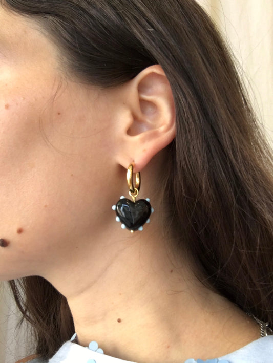 SANDRA ALEXANDRA MILAGROS HEART EARRINGS BLACK & BLUE DOTS